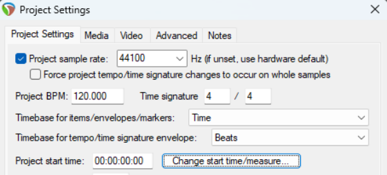 Project Timebase, Time Signature and Related Settings screenshot