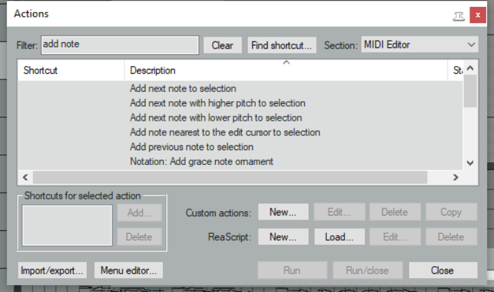 MIDI Editor Actions screenshot