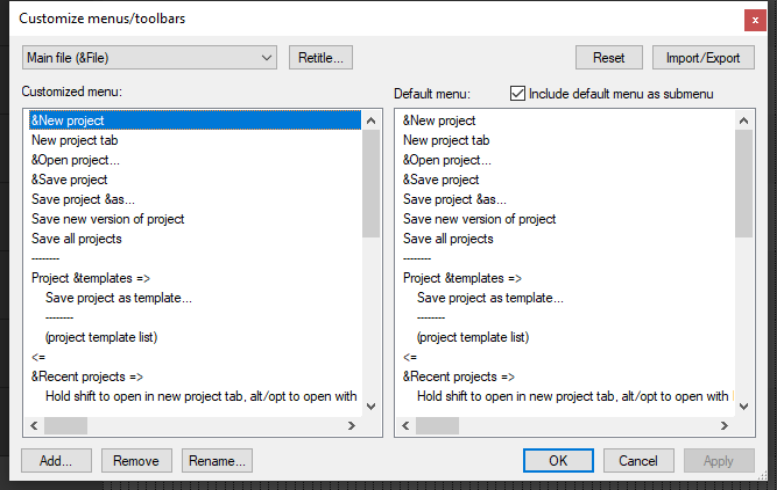 Customizing the REAPER Menus screenshot