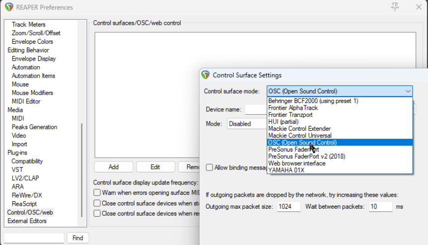 Using a Control Device with REAPER screenshot