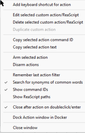 The Actions List Context Menu screenshot