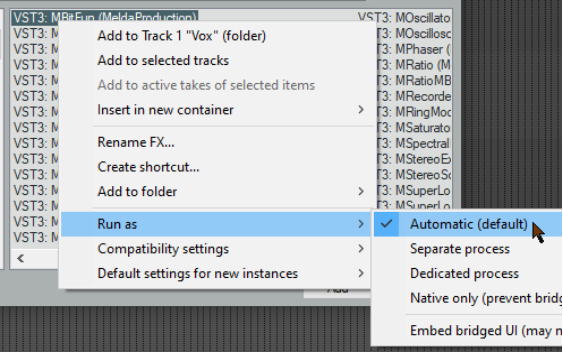 Bridging and VST Plug-in Run Mode screenshot