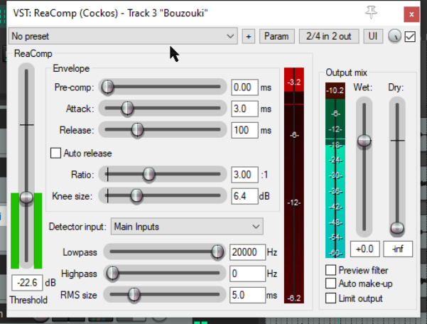 Volume Control with Compression: ReaComp screenshot
