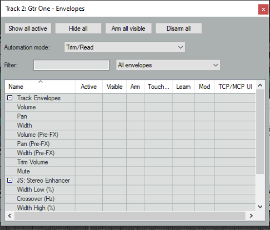 The Track Envelopes Window screenshot