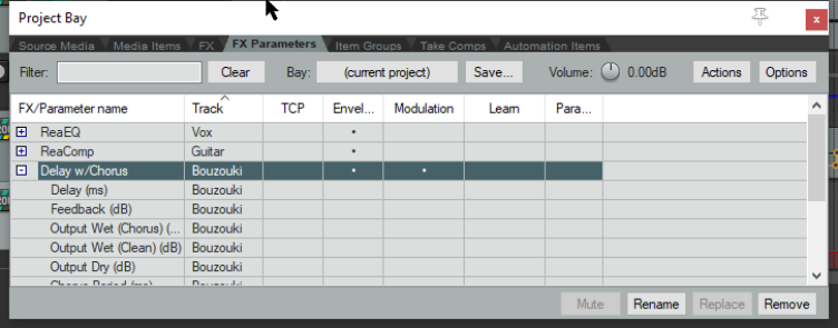 Managing FX Parameters in the Project Bay screenshot