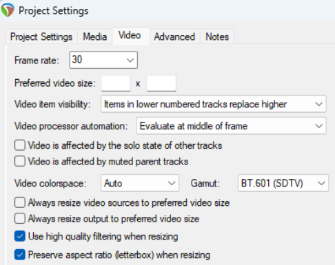REAPER Video Settings and Preferences screenshot