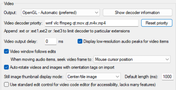 REAPER Video Settings and Preferences screenshot