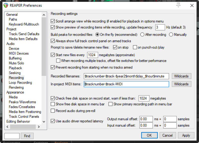 Preference Settings for Recording screenshot