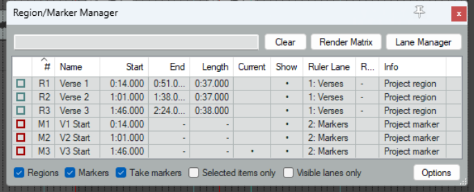 The Region/Marker Manager screenshot